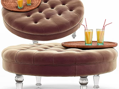 Brown Tufted Ottoman With Clear Legs And Tray Holding Drinks Glasses 3d model