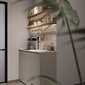 Modern Bar Counter Interior With Shelves Mugs Coffee Machine And Green Plant