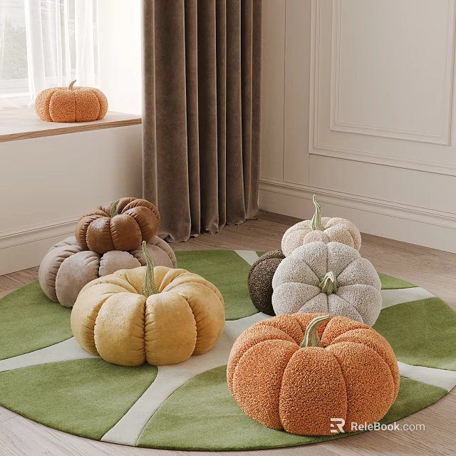 Fluffy Multicolored Pumpkin Shaped Decorative Pillows on Green Living Room Rug 3d model 