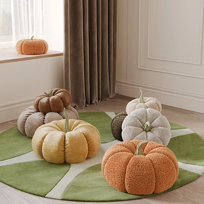 Fluffy Multicolored Pumpkin Shaped Decorative Pillows on Green Living Room Rug 3d model