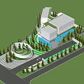 Modern Sales Office Exterior Night View With Surrounding Trees And Ground Lighting