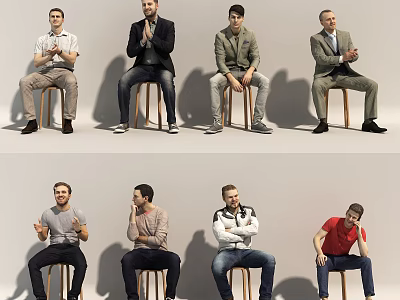 Group of Men Sitting on Wooden Stools With Various Poses and Casual Outfits 3d model