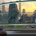 Futuristic Curved Skyscraper With Glass Facade In Modern City Skyline At Sunset