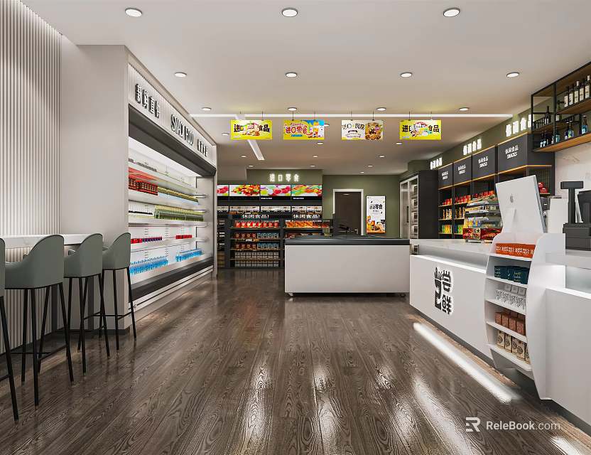 Modern Supermarket Interior With Well Stocked Shelves Checkout Counter And Seating Area 3d model 