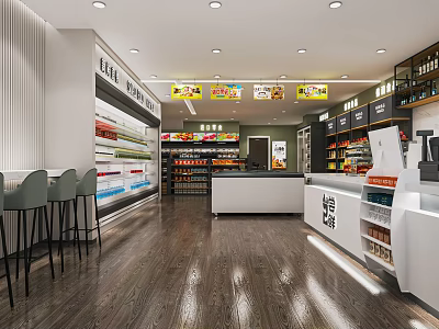 Modern Supermarket Interior With Well Stocked Shelves Checkout Counter And Seating Area 3d model