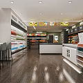 Modern Supermarket Interior With Well Stocked Shelves Checkout Counter And Seating Area