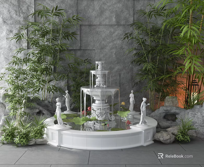 Garden Ornament Featuring White Fountain Bamboo Plants Statues Rockery And Greenery 3d model 