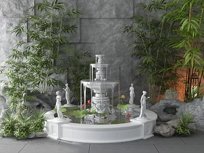 Garden Ornament Featuring White Fountain Bamboo Plants Statues Rockery And Greenery 3d model
