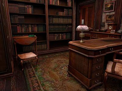 Traditional Wooden Bookcase Filled With Books In Study Room With Desk Lamp And Vintage Carpet 3d model