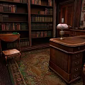 Traditional Wooden Bookcase Filled With Books In Study Room With Desk Lamp And Vintage Carpet