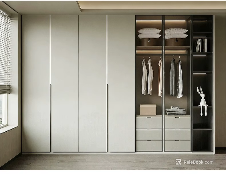 Modern Wardrobe Interior Design With White Cabinet Doors Open Shelves And Hanging Clothes 3d model 