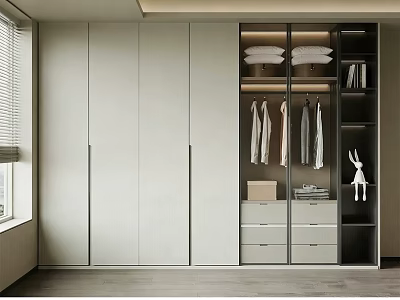 Modern Wardrobe Interior Design With White Cabinet Doors Open Shelves And Hanging Clothes 3d model