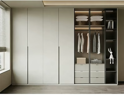 Modern Wardrobe Interior Design With White Cabinet Doors Open Shelves And Hanging Clothes 3d model
