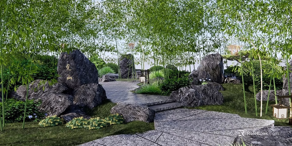 Tranquil Park Landscape With Bamboo Trees Large Rocks Stone Pathway And Steps 3d model 