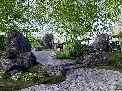 Tranquil Park Landscape With Bamboo Trees Large Rocks Stone Pathway And Steps 3d model