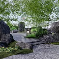 Tranquil Park Landscape With Bamboo Trees Large Rocks Stone Pathway And Steps