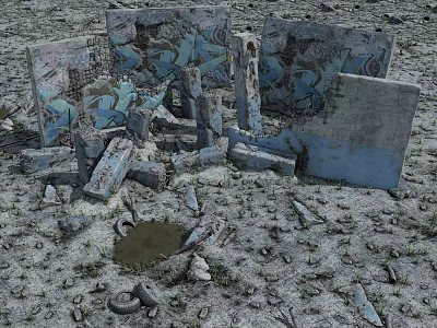 Broken Building Components Concrete Blocks with Blue Graffiti Scattered on Gravel and Dirt Ground with Puddle 3d model