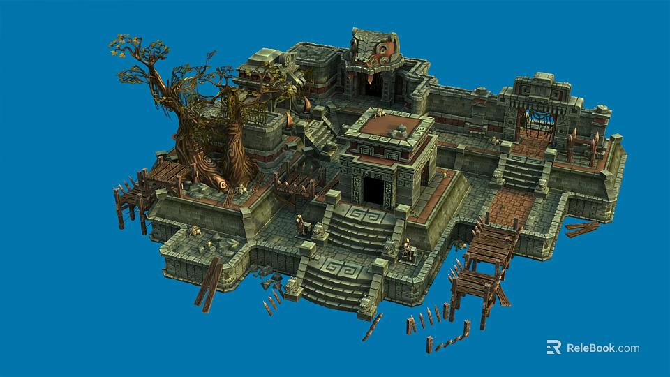 Cartoon Ancient Ruins Scene Featuring Stone Structures Steps Large Trees And Wooden Bridges 3d model 