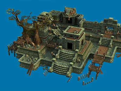Cartoon Ancient Ruins Scene Featuring Stone Structures Steps Large Trees And Wooden Bridges 3d model