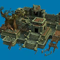 Cartoon Ancient Ruins Scene Featuring Stone Structures Steps Large Trees And Wooden Bridges