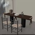 Rectangular Wooden Dining Table Set With Woven Chairs And Decorative Plants 3d model