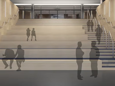 Modern Spacious Leisure Area Featuring Stepped Seating Handrails Columns And People 3d model