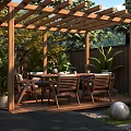 Wooden Pergola Outdoor Dining Area With Table Chairs Plants And Fence