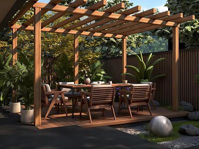 Wooden Pergola Outdoor Dining Area With Table Chairs Plants And Fence 3d model