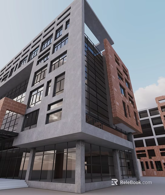 Modern Office Building With Gray Red Brick Facade And Large Glass Windows 3d model 