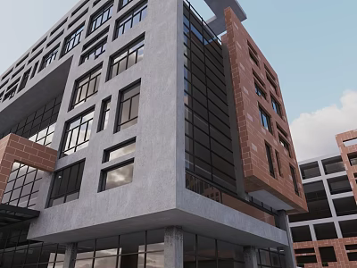 Modern Office Building With Gray Red Brick Facade And Large Glass Windows 3d model