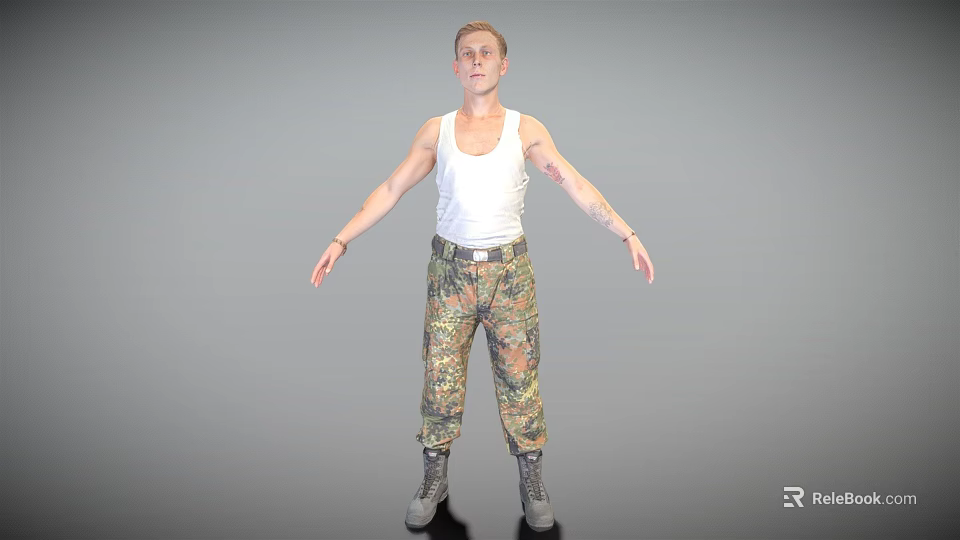 Male Figure In White Tank Top Camouflage Pants With Arm Tattoos Standing On Gray Background 3d model 
