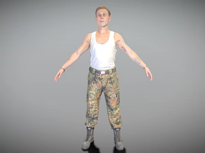 Male Figure In White Tank Top Camouflage Pants With Arm Tattoos Standing On Gray Background 3d model
