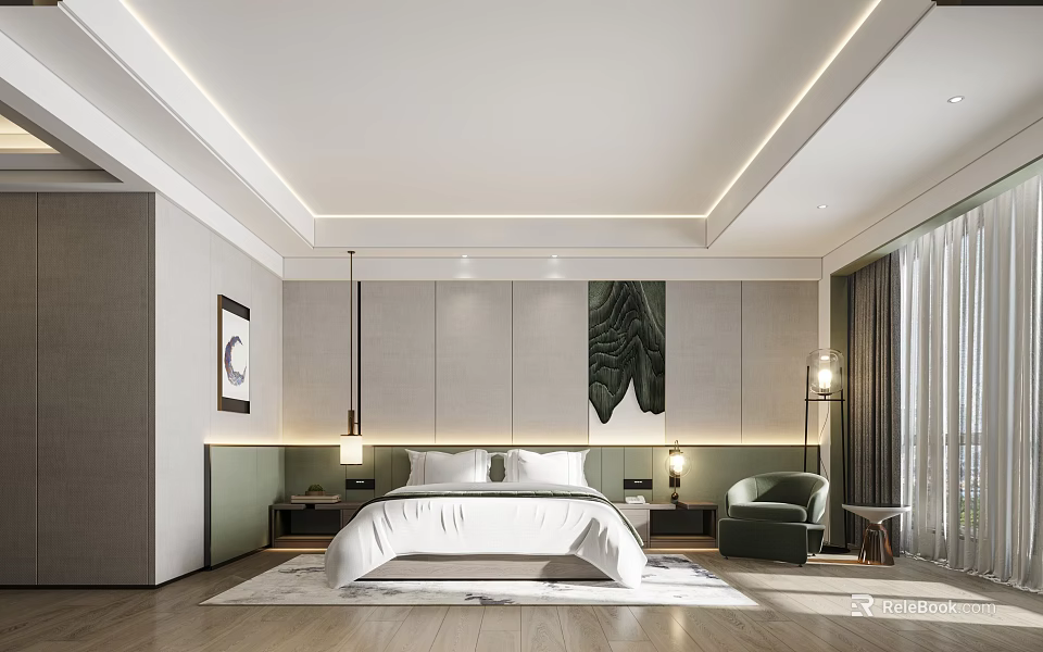 Modern Minimalist Hotel Guest Room With White Bed Green Armchair And Decorative Painting 3d model 