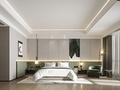 Modern Minimalist Hotel Guest Room With White Bed Green Armchair And Decorative Painting 3d model