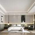 Modern Minimalist Hotel Guest Room With White Bed Green Armchair And Decorative Painting