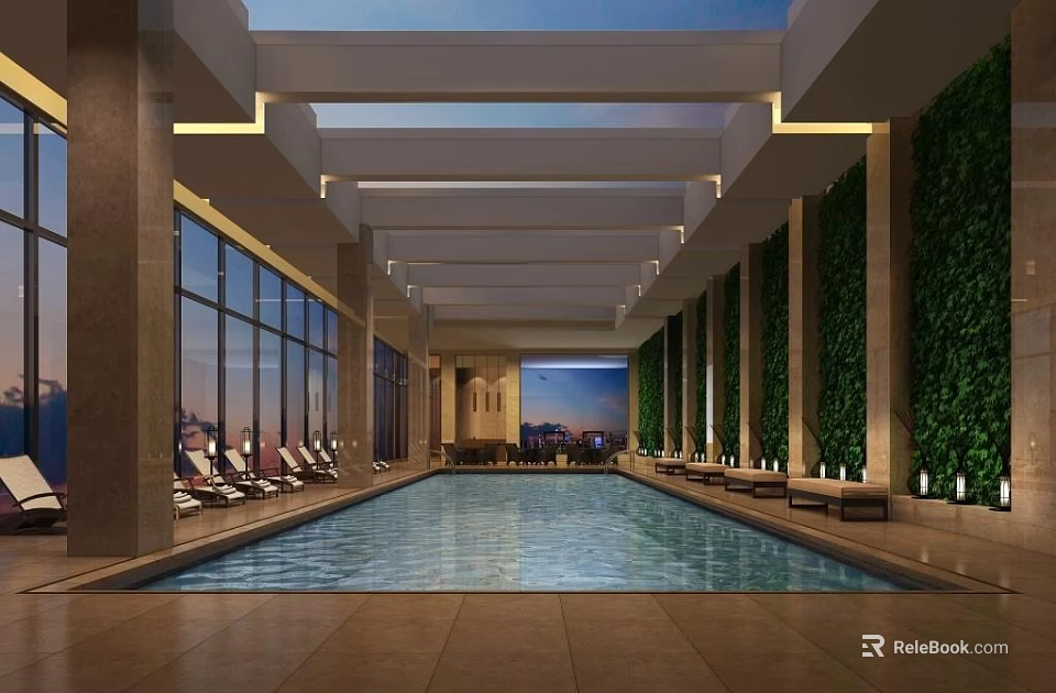 Modern Indoor Swimming Pool With Large Windows Loungers Living Plant Walls And City View 3d model 