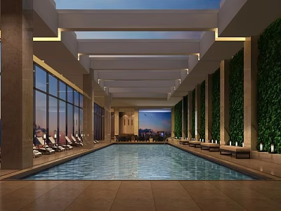 Modern Indoor Swimming Pool With Large Windows Loungers Living Plant Walls And City View 3d model