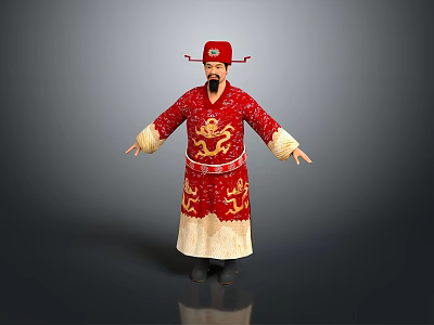 Traditional Chinese Costume Red Robe With Golden Dragon Patterns And Red Hat 3d model