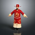 Traditional Chinese Costume Red Robe With Golden Dragon Patterns And Red Hat