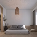 Contemporary Indoor Space Interior With Wooden Grid Ceiling White Curtains Stone Shelf And Warm Lighting