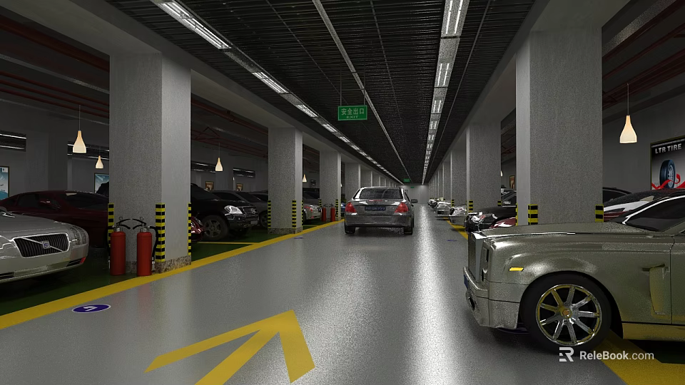 Spacious Indoor Parking Lot With Yellow Arrows Parked Cars And Columns 3d model 