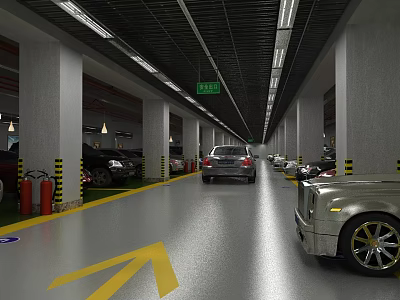 Spacious Indoor Parking Lot With Yellow Arrows Parked Cars And Columns 3d model