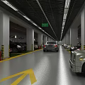 Spacious Indoor Parking Lot With Yellow Arrows Parked Cars And Columns