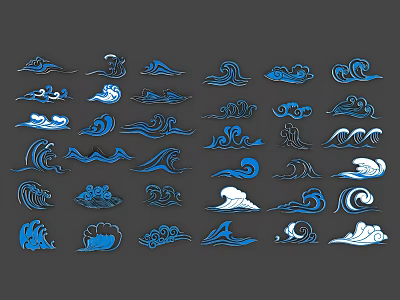 Various Artistic Blue And White Wave Carvings Decorative Design Elements 3d model