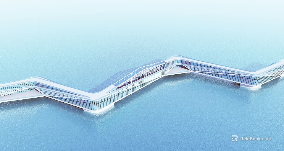 Modern Curved Bridge With Glass Structure Over Calm Blue Water Surface Design 3d model 
