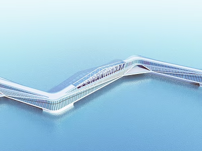 Modern Curved Bridge With Glass Structure Over Calm Blue Water Surface Design 3d model