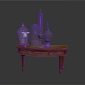 Vintage Equipment Display on Wooden Table With Birdcage Glass Dome Apparatus And Oil Lamp Items