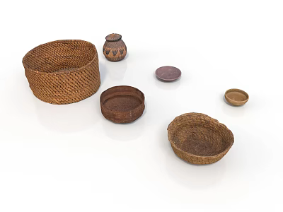 Handwoven Storage Baskets Ceramic Jar And Wooden Plates For Home Use 3d model