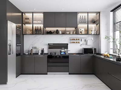 Modern Kitchen Interior Design With Gray Cabinets Marble Countertop And Glass Door Upper Cabinets 3d model