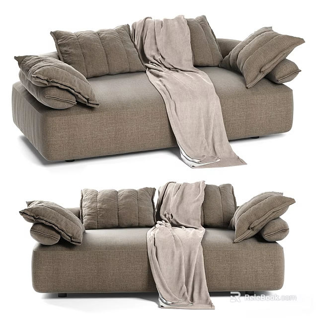 Cozy Light Brown Two Seater Sofa With Multiple Cushions And Blanket 3d model 